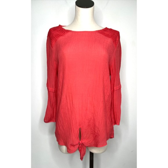 AGB Top Front Knot Coral Crepe Blouse Lightweight 3/4 Sleeves Rayon Size XL - Picture 1 of 12